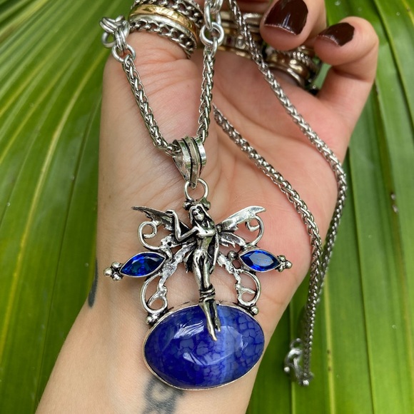 925 sterling silver overlay fairy charm blue Sapphires & agate gems necklace - Picture 8 of 14